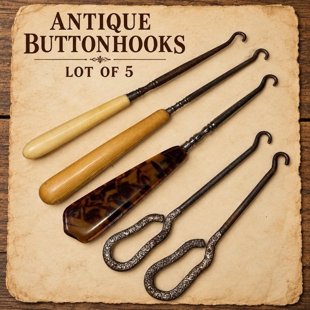Antique Victorian Button Hook Lot of 5 Celluloid Faux Tortoise Ornate Metal